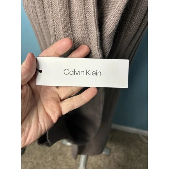 Calvin Klein Ribbed Puff Sleeve Sweater Dress Women's M Tan Pullover (C1) - Picture 5 of 7